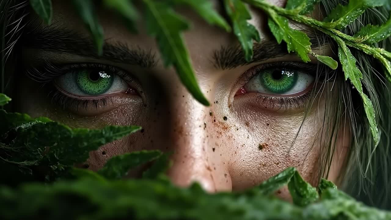 Uma mulher de olhos fechados cercada por folhas verdes