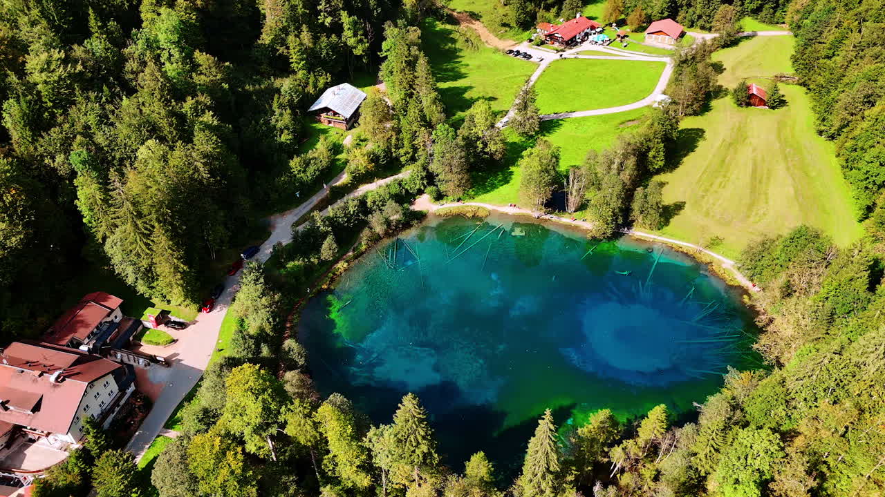 Flight above the pine tree forest near the Christlessee lake, Oberstdorf, Bavarian Alps, Europe. Aerial perspective on the resort in the picturesque mountains on sunny summer day.