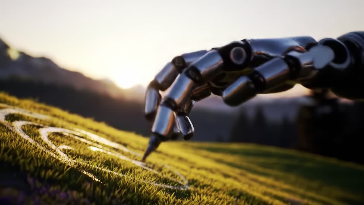 A Futuristic Robotic Hand Gracefully Engages with Nature, Skillfully Drawing Intricate Patterns on Vibrant Green Grass Under a Stunning Sunset