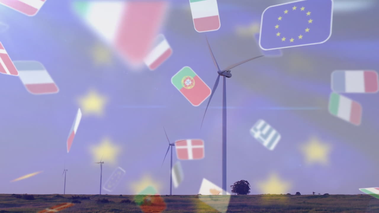 Renewable energy being visualized on plain with wind turbines spinning, EU flags and stars floating
