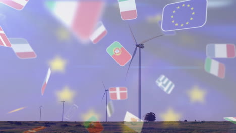 renewable energy being visualized on plain with wind turbines spinning, eu flags and stars floating