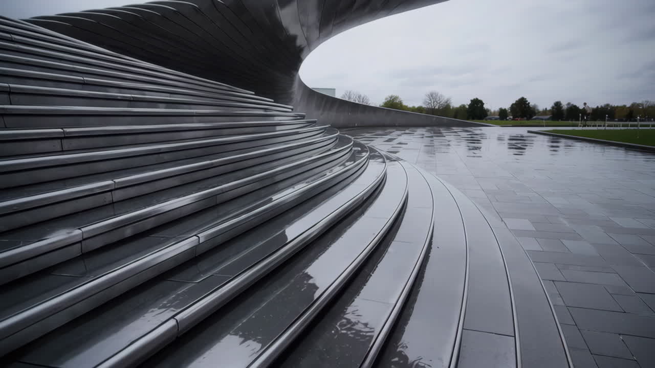 Modern Curved Architectural Structure with Wet Pavement