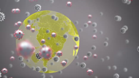 animation of 3d covid 19 cells floating over globe on grey background