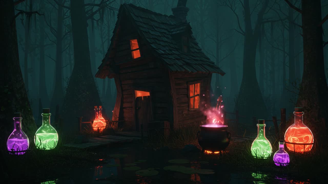 A mysterious, enchanting witch's hut sits amidst a foggy, dark forest, surrounded by colorful glowing potions and a bubbling cauldron, evoking a sense of magic and intrigue