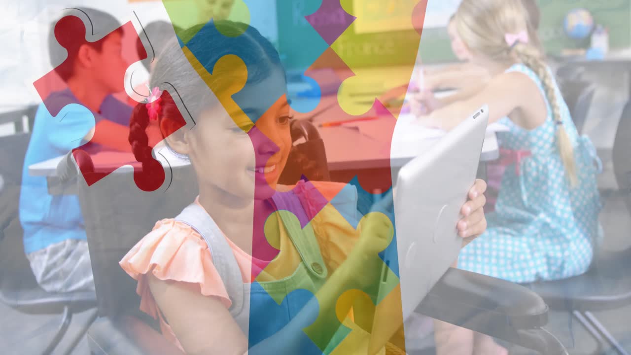 퍼즐의 애니메이션과 다양한 학생들의 수배