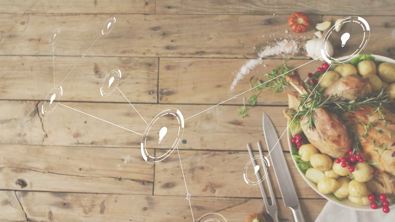 Left node sparking HUD nodes moving, spinning, linking toward roast and utensils, highlighting food
