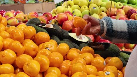 hand selecting oranges at a fruit market