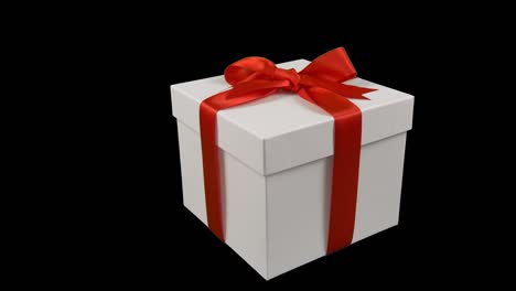 weiße geschenkkiste mit rotem goldband bogen dolly in spur in zoom in auf transparenten hintergrund. alpha-kanal chroma-schlüssel transparenter hintergrund. habe leeren raum für text. lr pan weiche fokussierung.