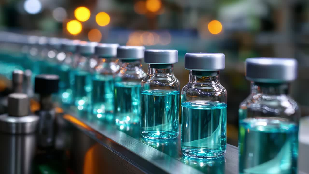 A focused view of a production line showcasing clear vials filled with a blue liquid, highlighting the intricate details of pharmaceutical manufacturing in a modern facility, captured from initial to final stages