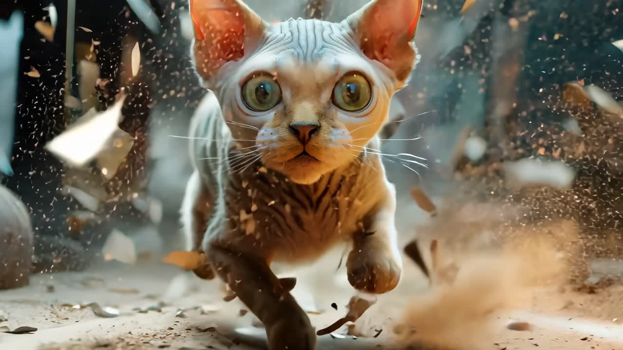 A cat is running through a pile of dirt. The cat is small and has a striped coat