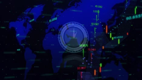 Animation-of-stock-market-data-over-clock-and-world-map