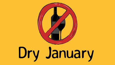 animación del texto de enero seco en negro, con un signo prohibido rojo sobre el vino, sobre fondo amarillo
