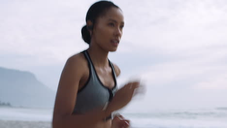 running, beach and woman in fitness training