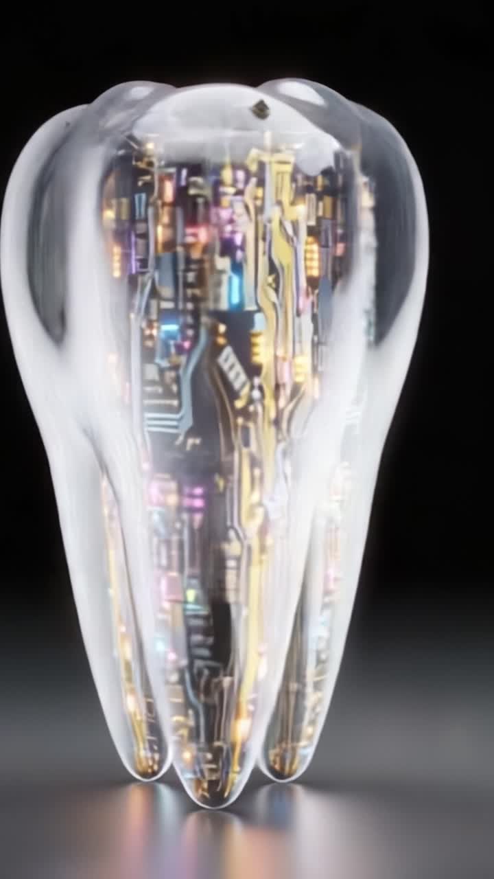 A Futuristic Tooth Illustration: Merging Biology with Technology through a Stunning Visualization of a Tooth Embedded with Colorful Circuit Patterns and Neon Lights