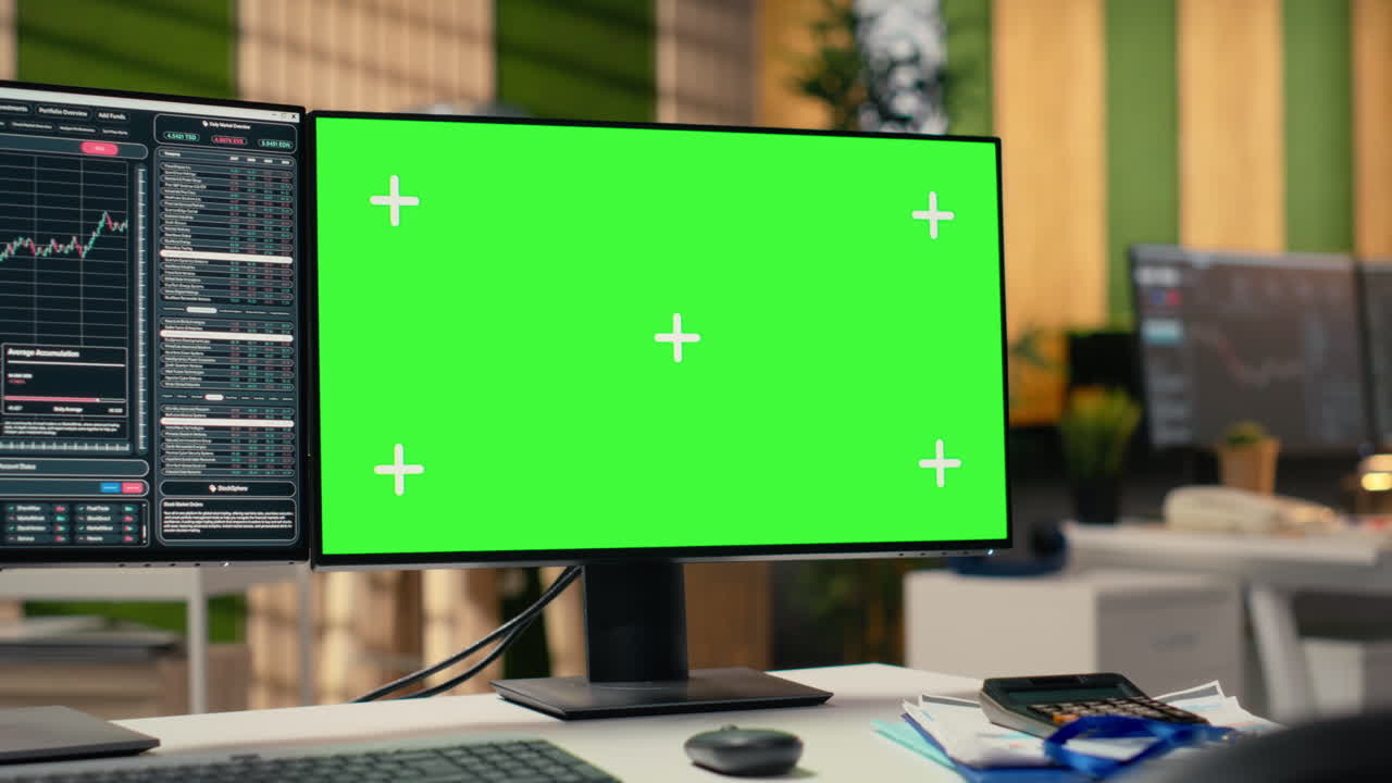 Trading platform interface in prop firm office with graphs on green screen PC