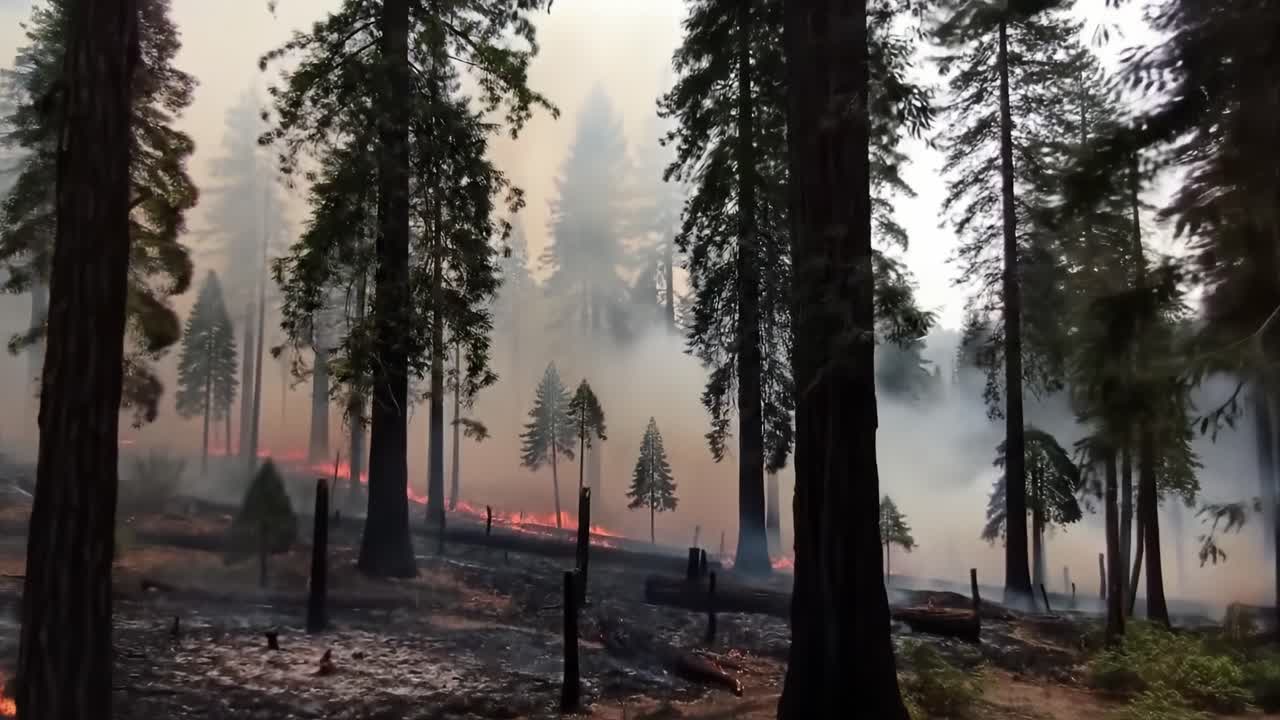 Intense Forest Fire Engulfs Tall Evergreen Trees, Creating a Dramatic Scene of Destruction and Smoke Amidst the Majestic Landscape