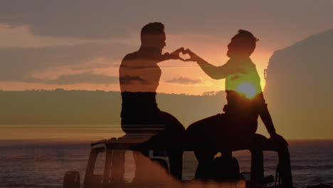 animation of happy caucasian male gay couple over landscape