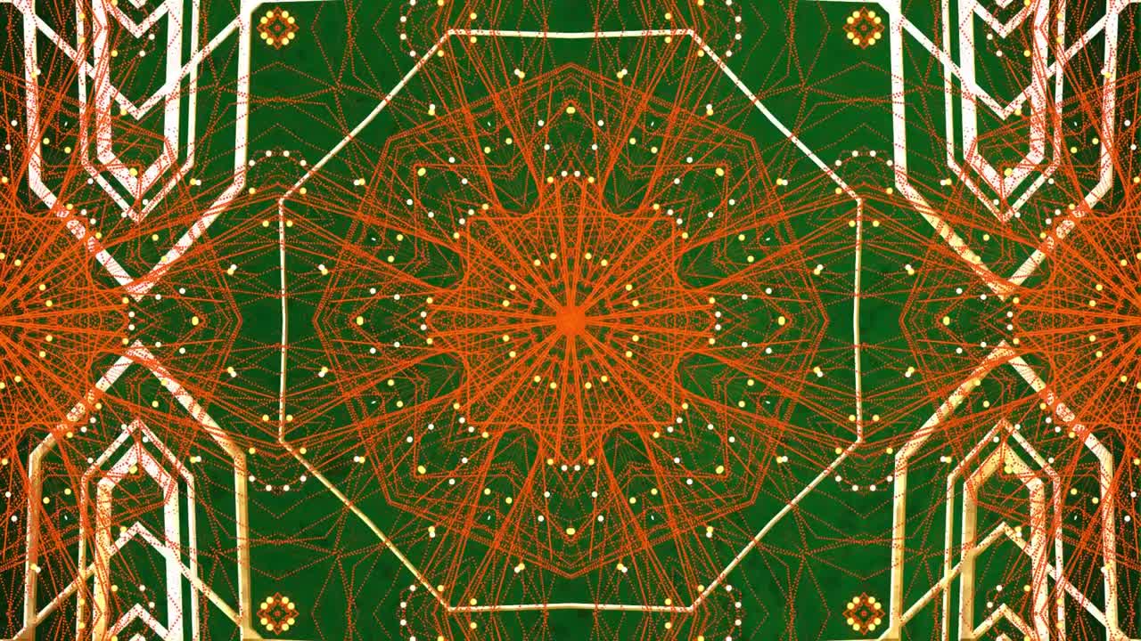 빨간색 칼레이도스코프 모양의 디지털 애니메이션이 녹색 배경에서 최면적인 움직임으로 움직입니다.
