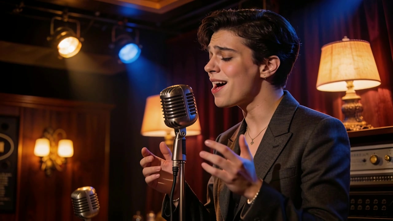 Uomo che canta in blazer scuro, trasmettendo emozione sul palco dopo un segnale luminoso, con microfono vintage.