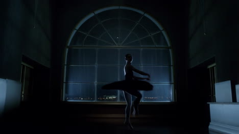 ballerina dancing in silhouette against a city window at night