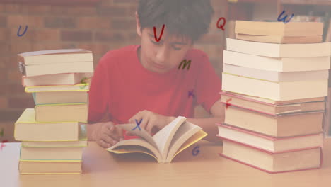 digital composition of multiple alphabets floating against boy reading a book in library