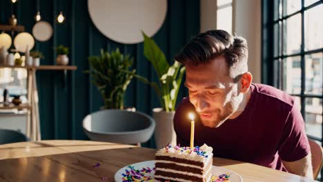 hombre alegre sentado en la mesa, riendo mientras mira hacia abajo en la tarta de cumpleaños con una vela brillante, celebrando un momento especial con verdadera felicidad y emoción