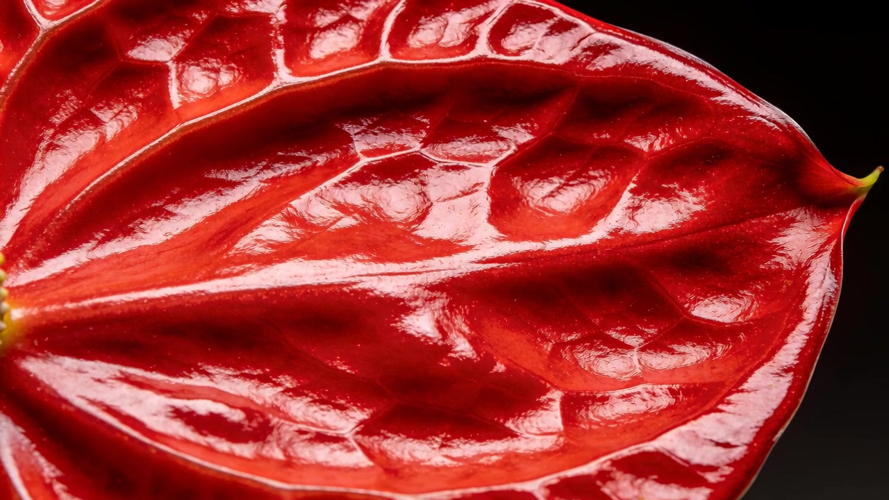 Mostrando una spata di anthurium rosso che rivela venature lucide sotto l'illuminazione da studio, con la punta dello spadice giallo