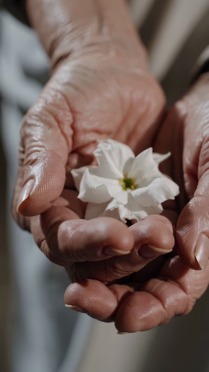 Mani anziane che tengono delicatamente un fiore bianco