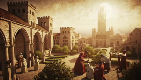 woman reading in a medieval setting and scientists in a modern laboratory