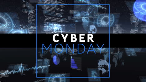 animación digital del banner de texto de cyber monday contra múltiples escáneres redondos y procesamiento de datos