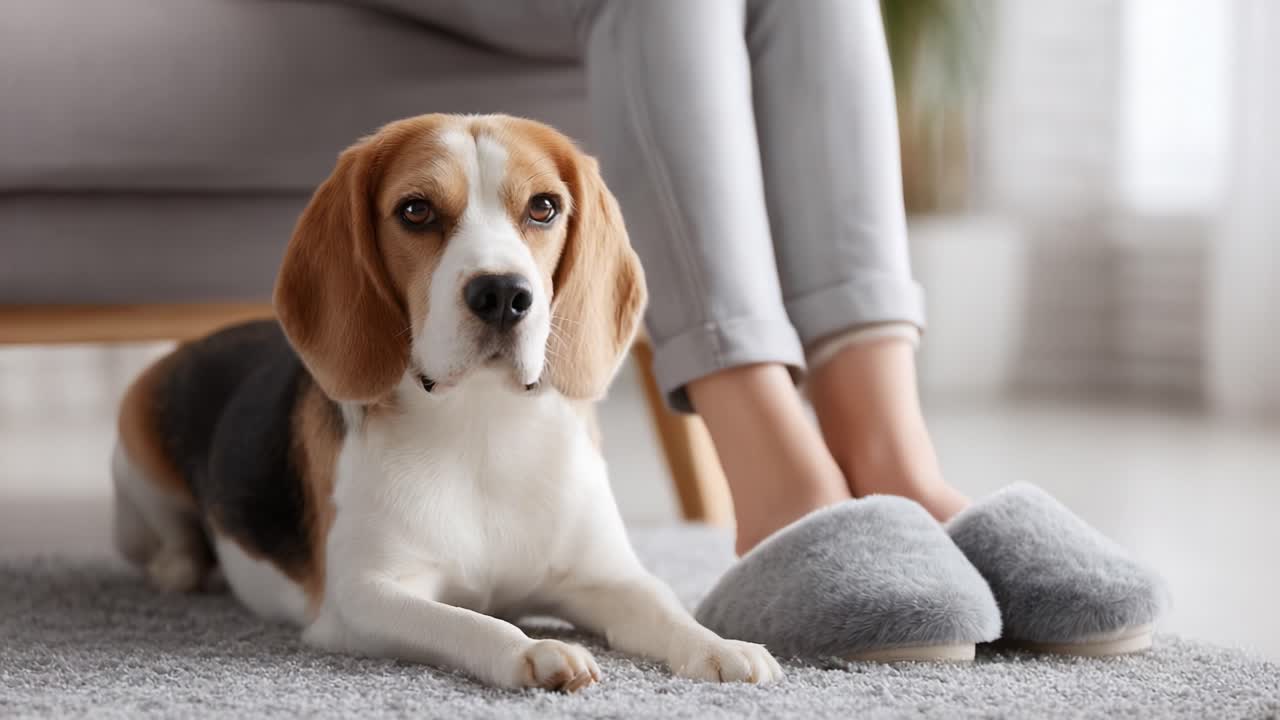 A Caring Beagle Companion Relaxing Beside Its Owner, Highlighting the Bond of Friendship and Comfort in a Cozy Living Room Setting