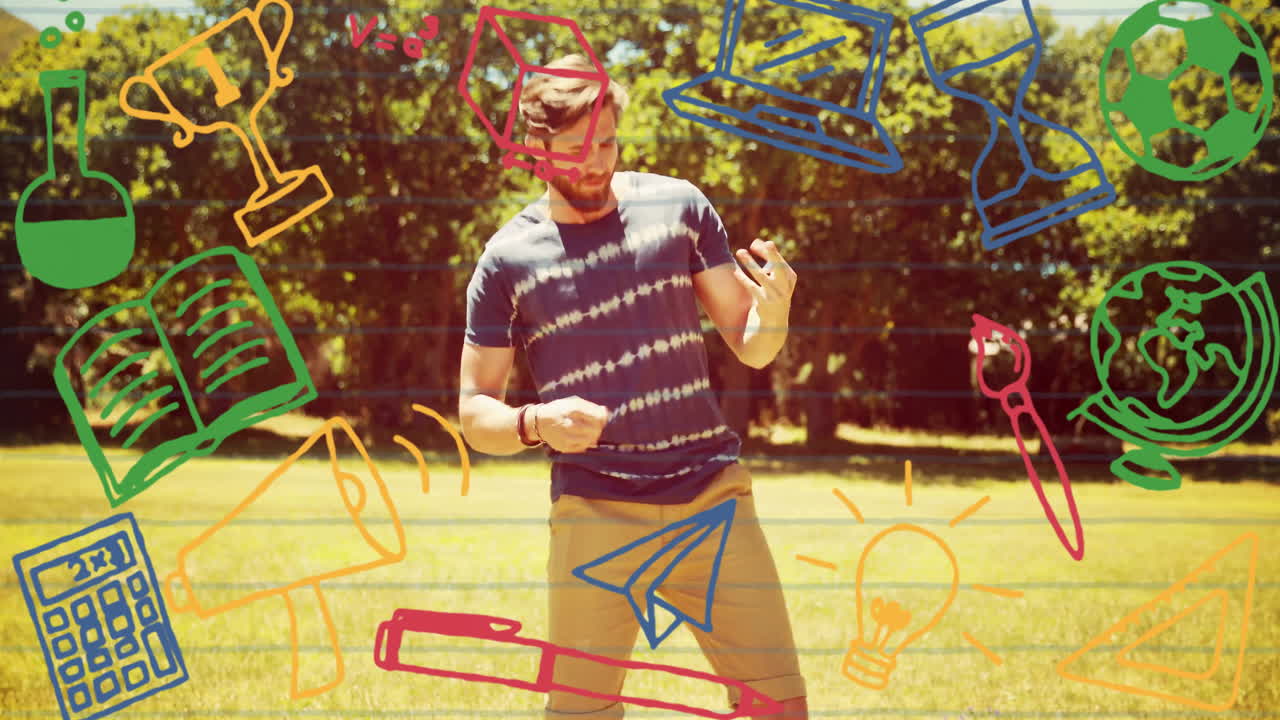 Man playing air guitar over colorful doodles animation of various objects