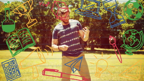 man playing air guitar over colorful doodles animation of various objects