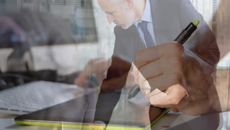 animation of caucasian businesswoman with colleague over hand writing