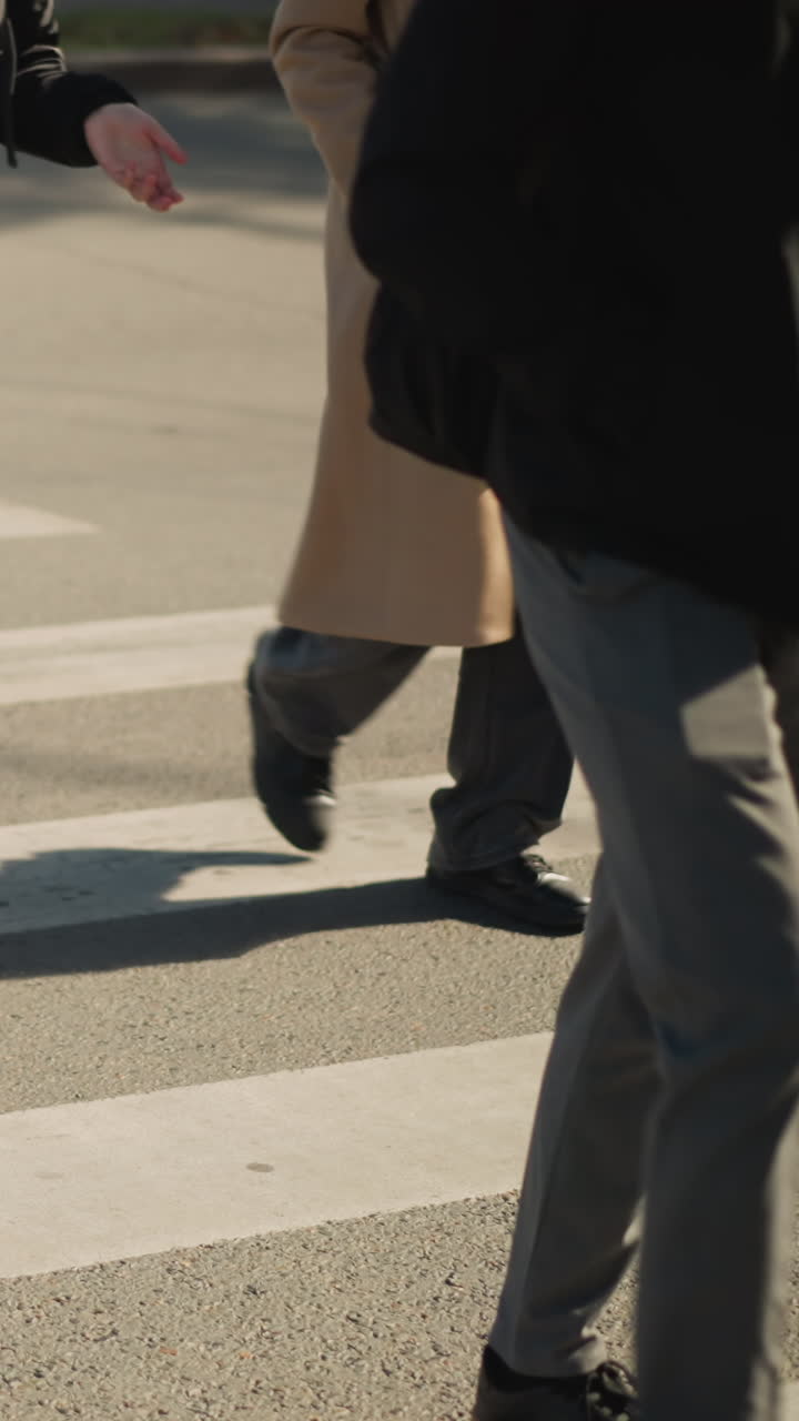 mixed pedestrians crossing zebra crosswalk midday, coats and jeans, handbags and backpacks, varied paces and directions, brisk office worker stride, leisurely shopper step, student crossing, layered