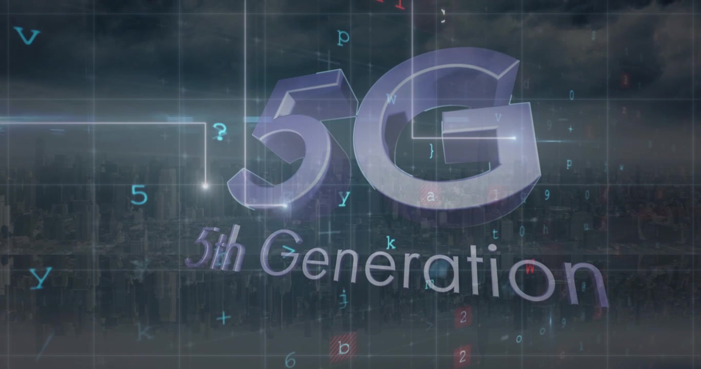 Animaatio 5G-viidennen sukupolven tekstistä ja kyberhyökkäysvaroituksesta kaupunkimaiseman yllä