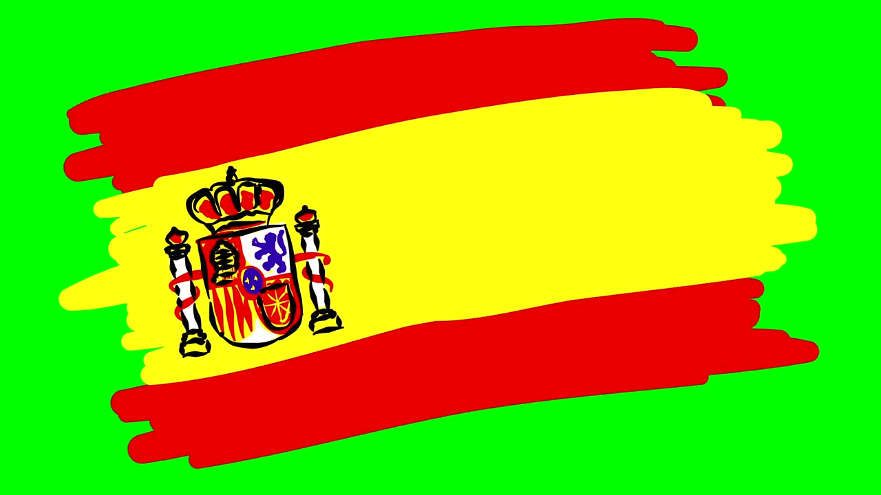 Zeichnung der spanischen Flagge auf isoliertem Whiteboard vor Greenscreen