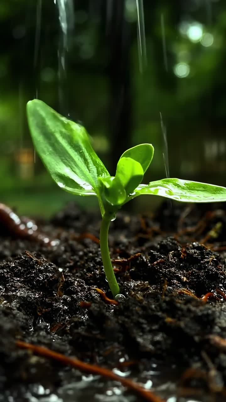 Close-up video of a sprouting plant in rain, capturing growth and nature's beauty