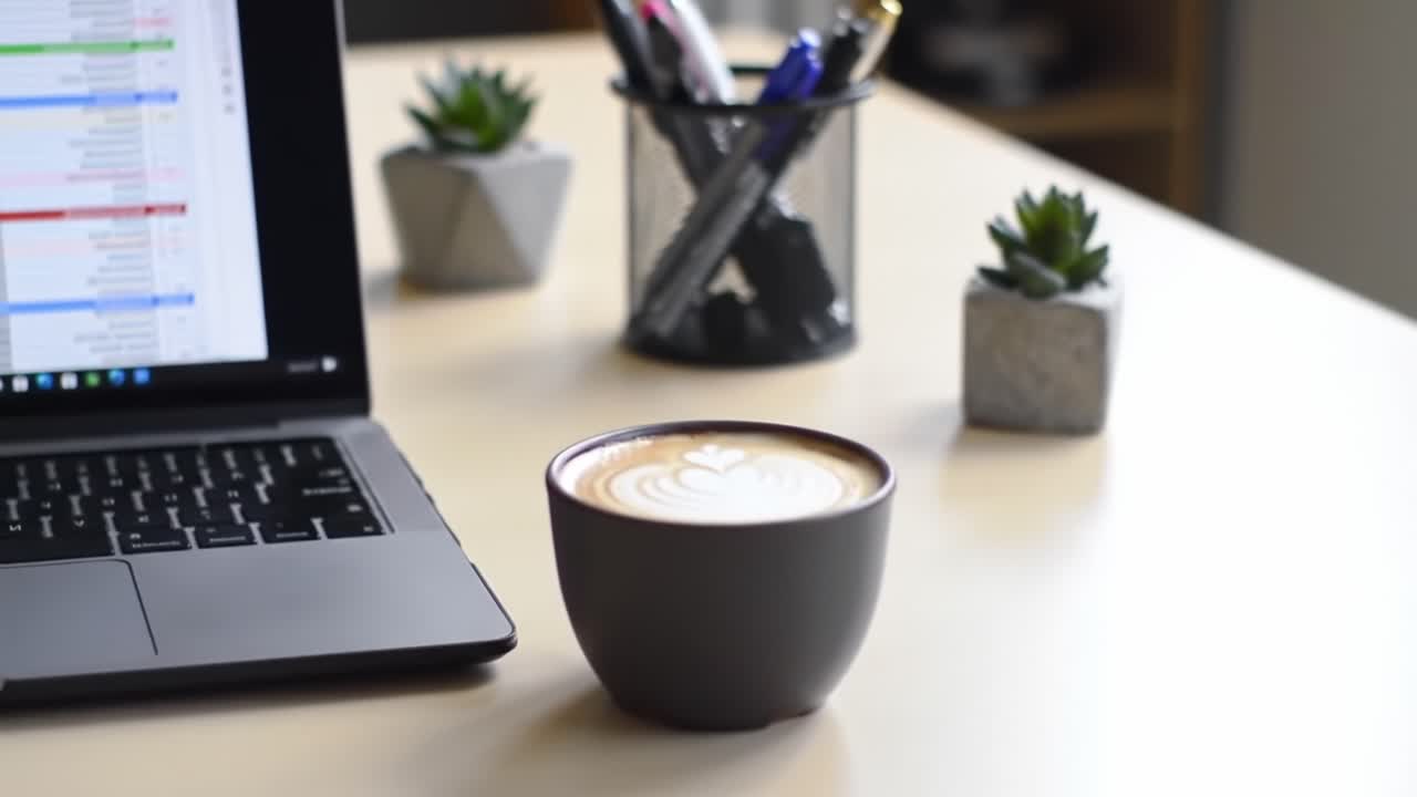 A Serene Workspace: Enjoying a Cup of Latte Next to a Laptop, Enhanced by Minimalistic Decor with Succulents for a Cozy Atmosphere