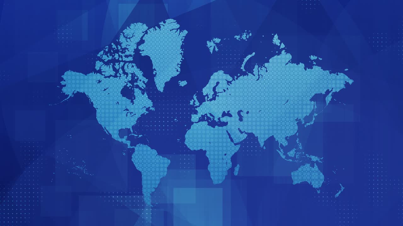 Animated blue world map with dotted halftone pattern and digital grid elements, news, international data networks and worldwide technology infrastructure for loopable presentations