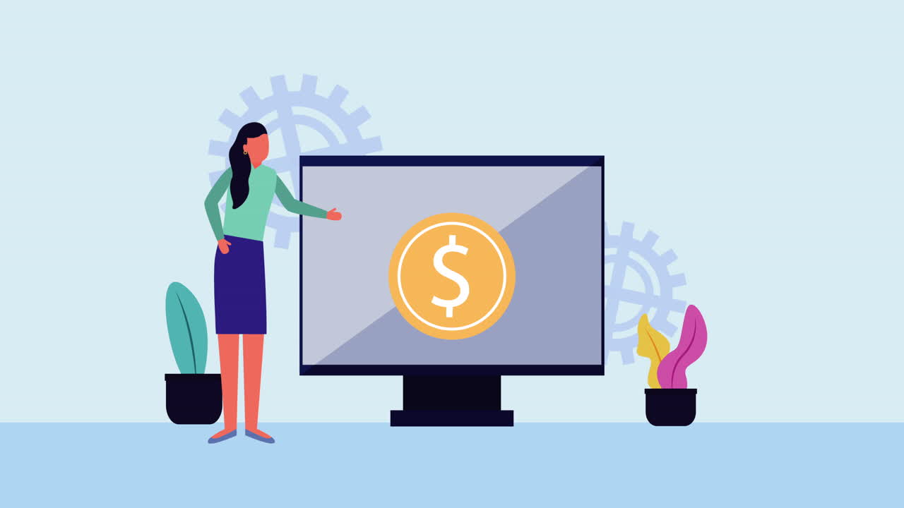 mujer de negocios con carácter de computadora y dinero