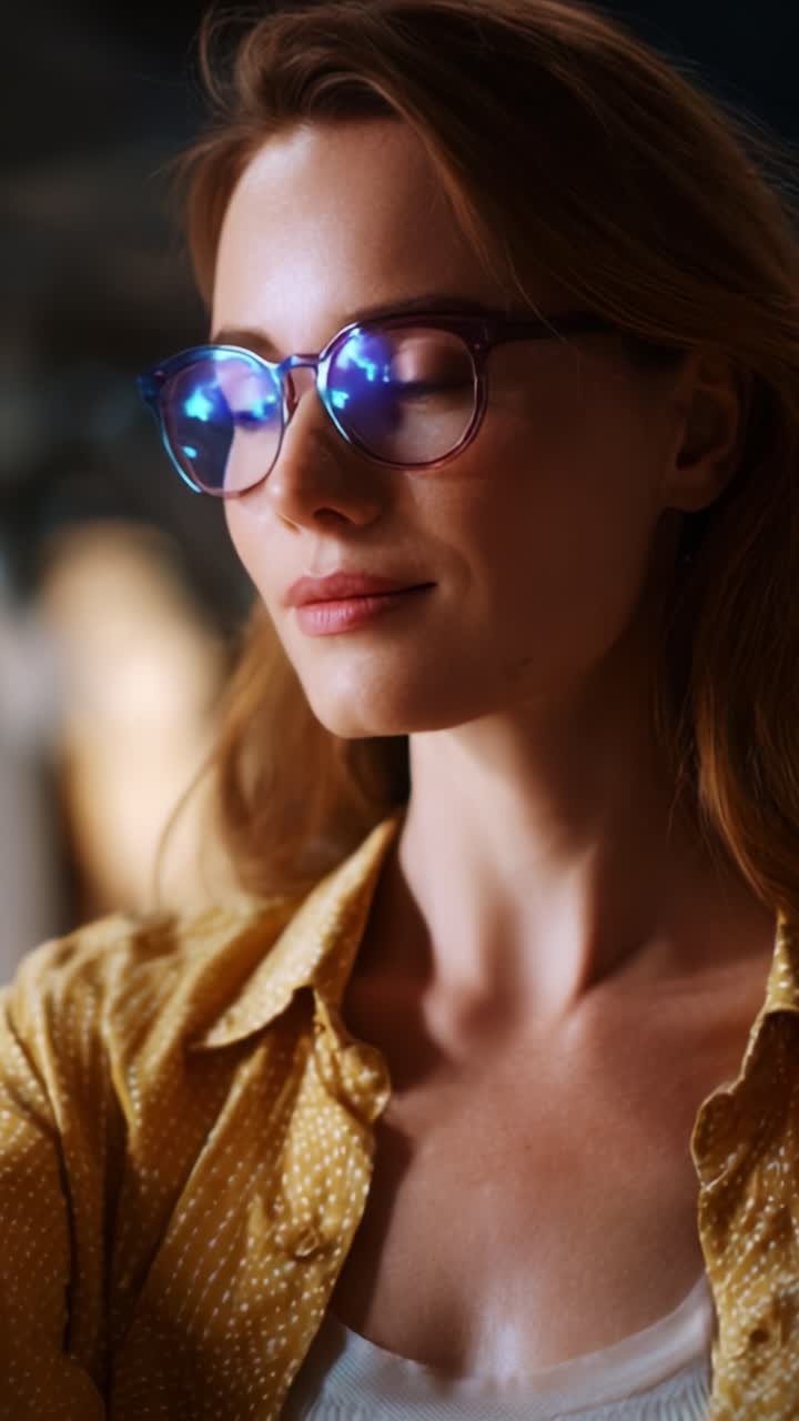 Cautivador primer plano de una mujer reflexiva con elegantes gafas y una sonrisa radiante, con un fondo suavemente iluminado, que transmite confianza y elegancia