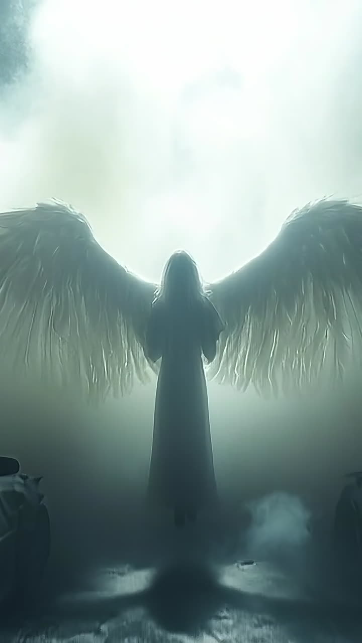 Winged figure between cars. A mystical figure with large wings stands between two abandoned cars, shrouded in fog and illuminated by a bright light.