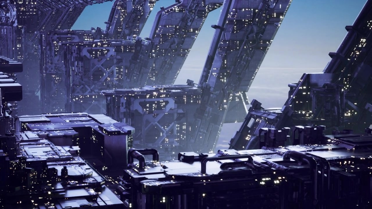 Suspended platforms and docking routes suggest cold transit hub