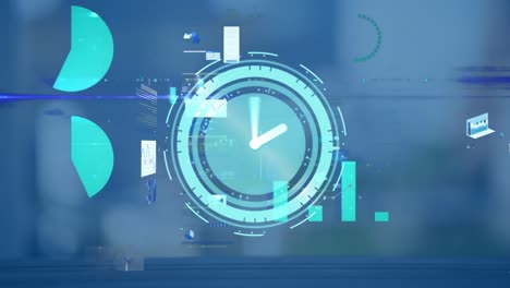 animación de reloj digital sobre múltiples gráficos y círculos de carga contra un fondo abstracto.