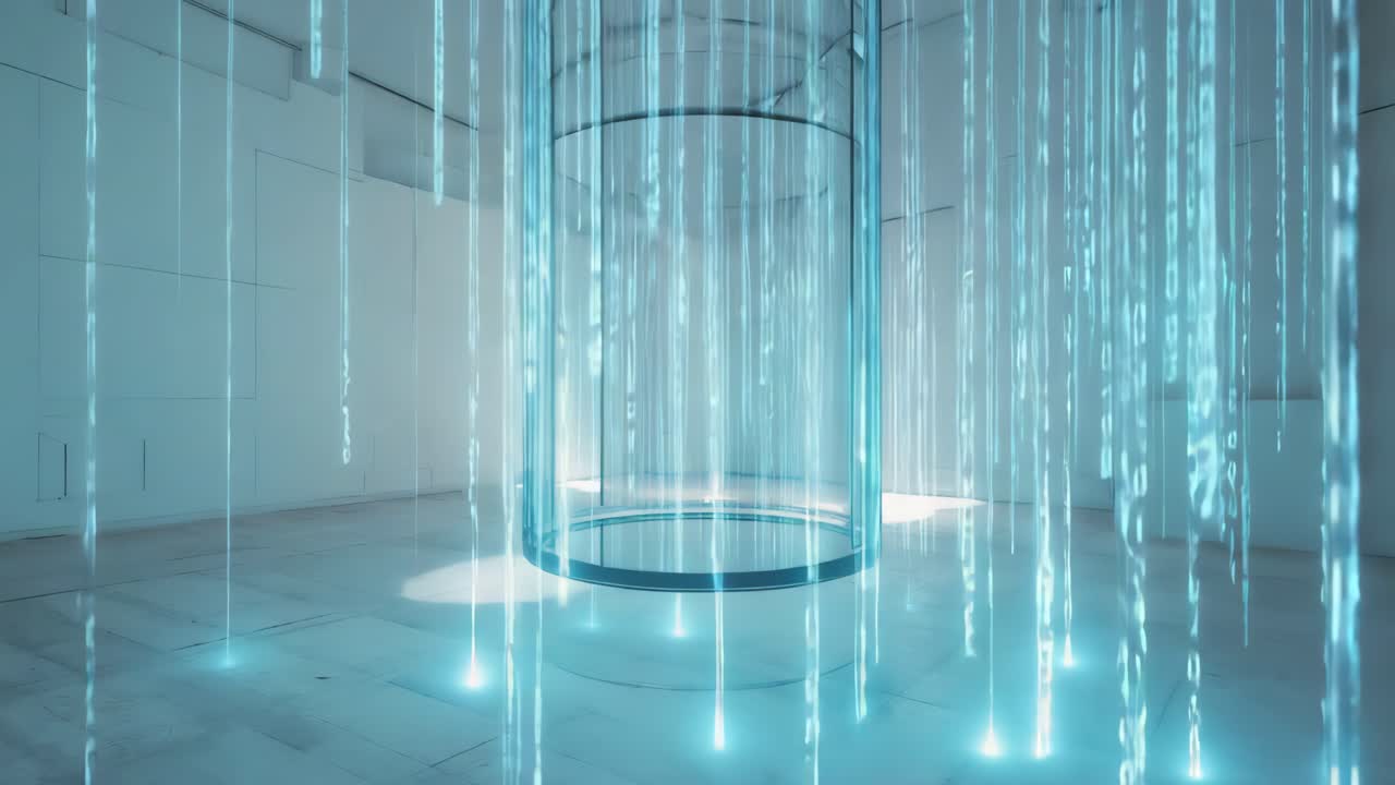 Futuristic Chamber with Ethereal Blue Light Beams
