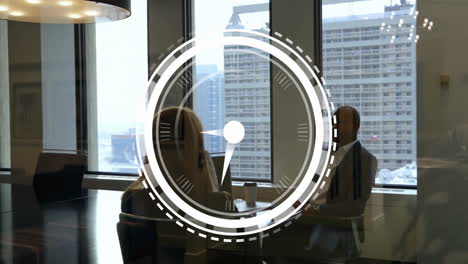 clock animation over business meeting in office with cityscape background