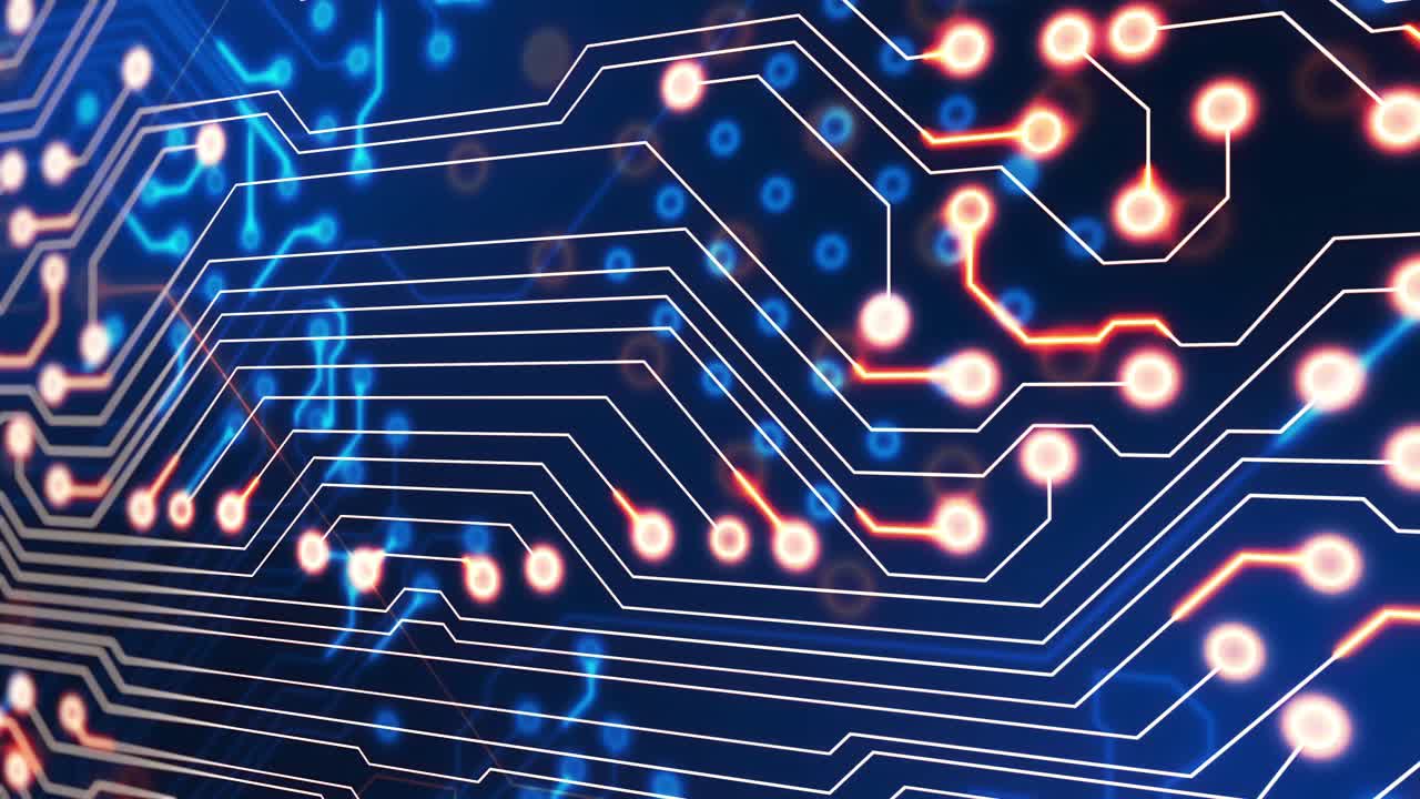 컴퓨터 회로판 위에서 움직이는 빛의 흔적의 애니메이션