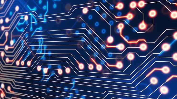 Animazione di scie luminose in movimento su una scheda di circuito di computer.