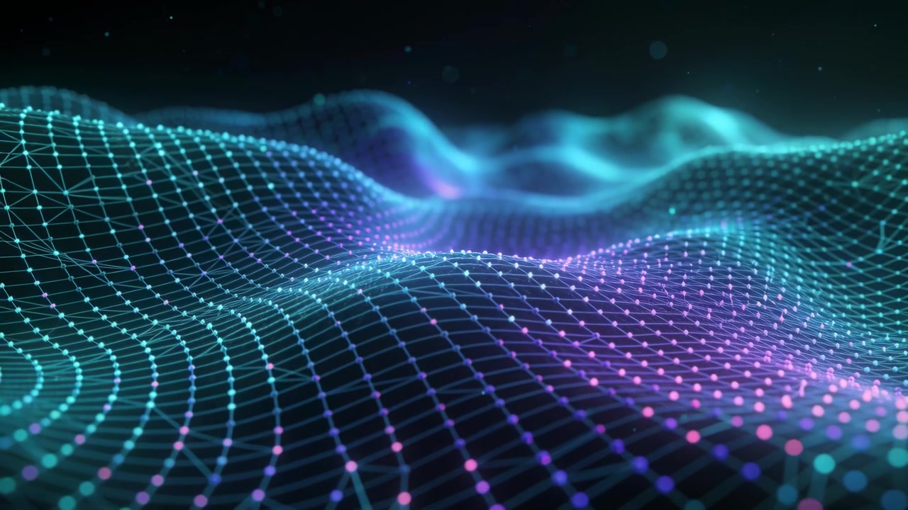 Procedurally generating wireframe mesh rippling and shifting in virtual void, showing glowing nodes